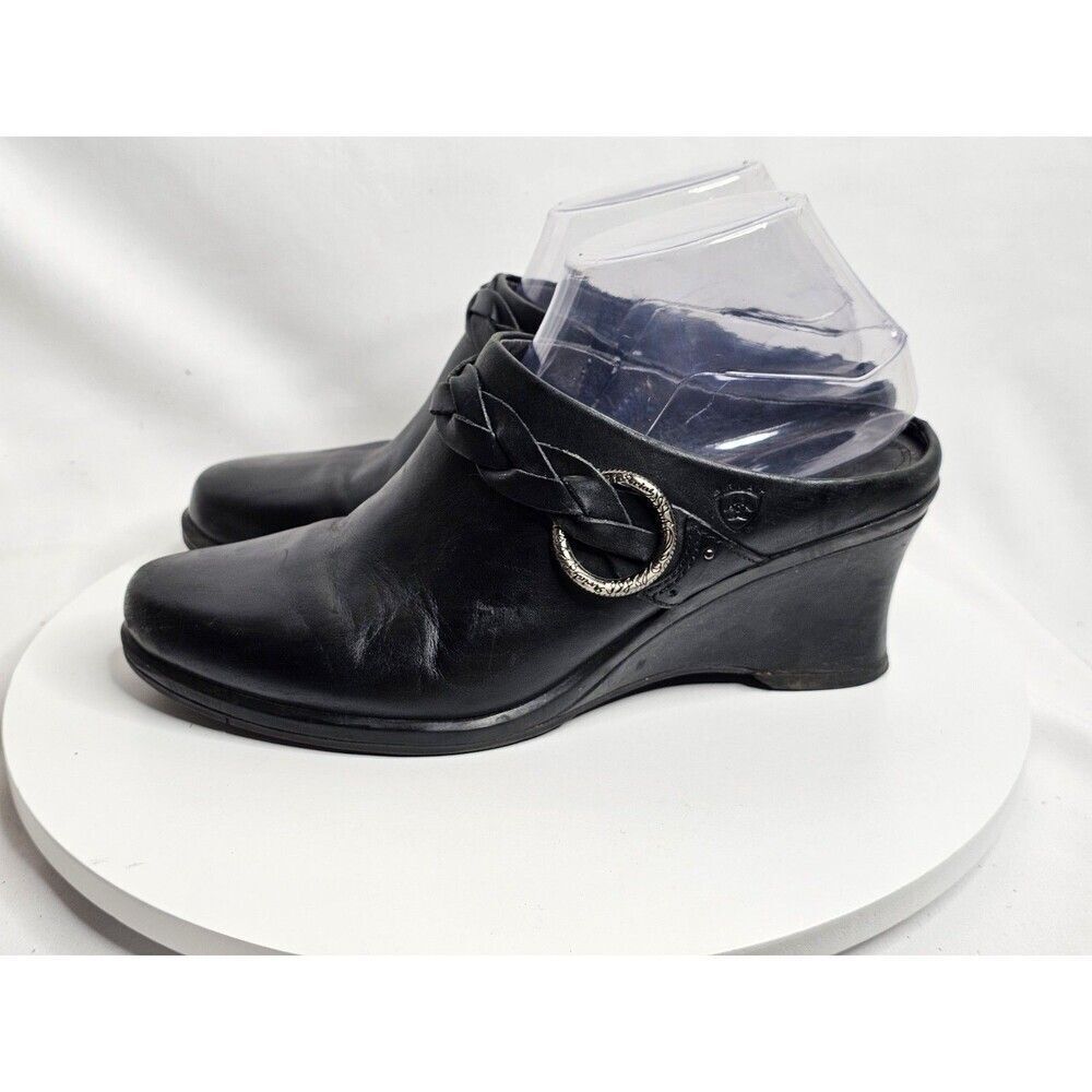Ariat Leather Wedges Mules Slip On Womens 8.5 B Black‎ Braided Leather Western